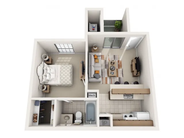 Modern 3D floor plan featuring a spacious bedroom, cozy living room with balcony, and a sleek kitchen layout with adjacent bathroom.