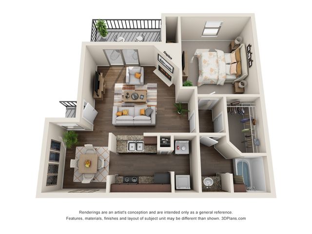 Modern 3D floor plan showcasing a cozy one-bedroom apartment with open-concept living area, stylish kitchen, and elegant dining space, complete with a private balcony.