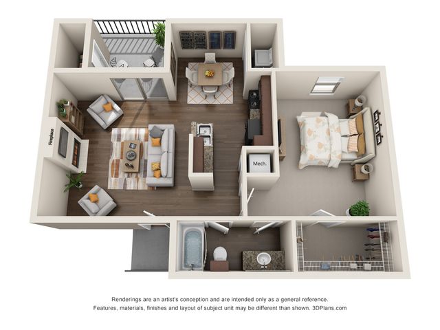 Modern 3D floor plan showcasing a spacious one-bedroom apartment with an open living area, stylish kitchen, cozy fireplace, and private balcony.