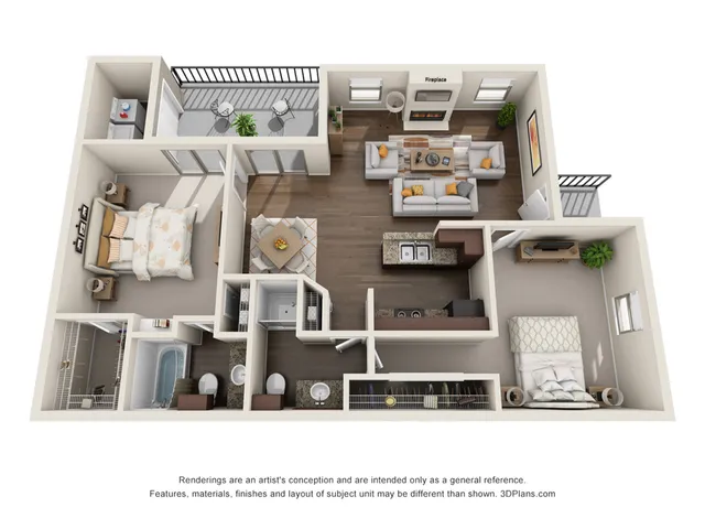Contemporary 3D floor plan featuring two elegant bedrooms, a cozy living room with a fireplace, modern kitchen, and private balcony.