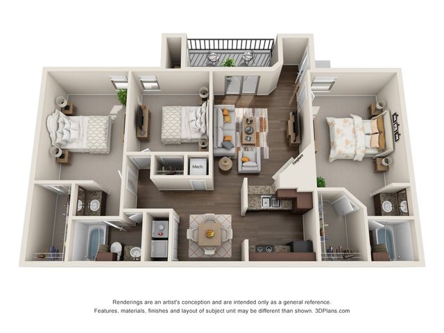 Modern 3D floor plan showcasing 2 bedrooms, 2 bathrooms, and a spacious living area with a balcony, perfect for stylish living.
