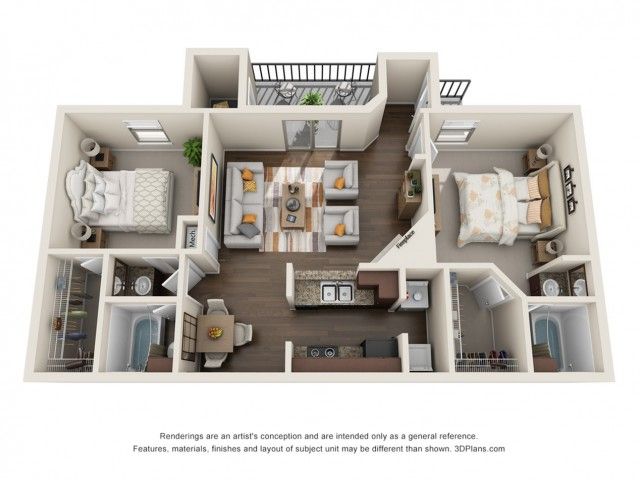 Elegant 3D floor plan showcasing 2 bedrooms, a modern open-concept living and dining area, and a stylish kitchen with balcony access.