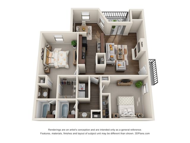 Elegant 3D floor plan with 2 cozy bedrooms, modern open-concept living area, and stylish kitchen, perfectly designed for comfortable living.
