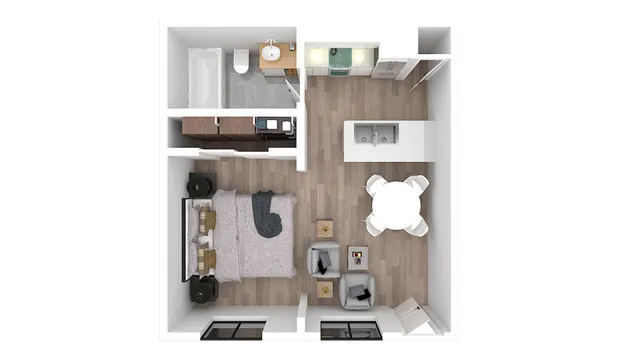 Charming 1-bedroom apartment floor plan featuring an open living and dining area, modern kitchen, and cozy bathroom.