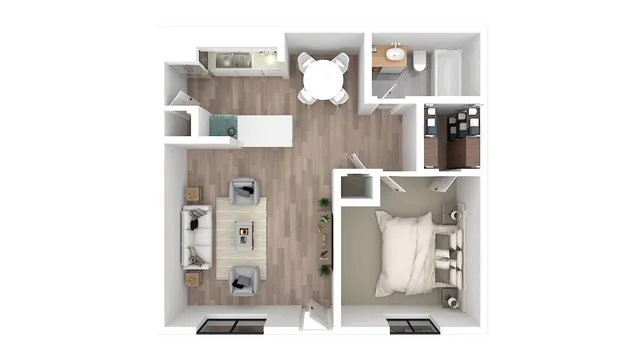 Contemporary apartment floor plan showcasing one bedroom, open living area, modern kitchen, and elegant bathroom.