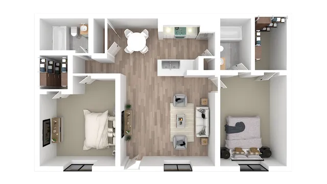 Modern 2D floor plan showcasing 2 bedrooms, a cozy open-concept living and dining area, and a sleek kitchen design.