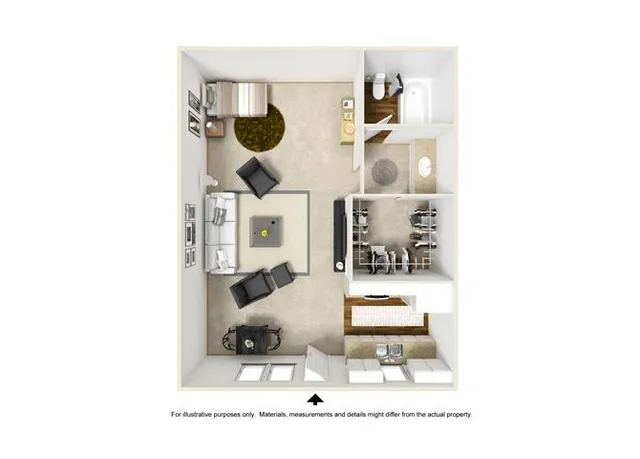 Modern floor plan showcasing an open-concept living and dining area, spacious kitchen, and a cozy bedroom adjacent to a stylish bathroom.