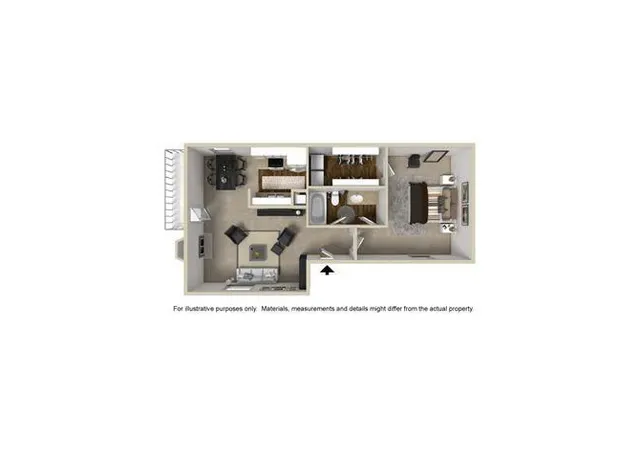 Modern 2D floor plan showcasing 1 bedroom with cozy living area, functional kitchen, and sleek bathroom layout.