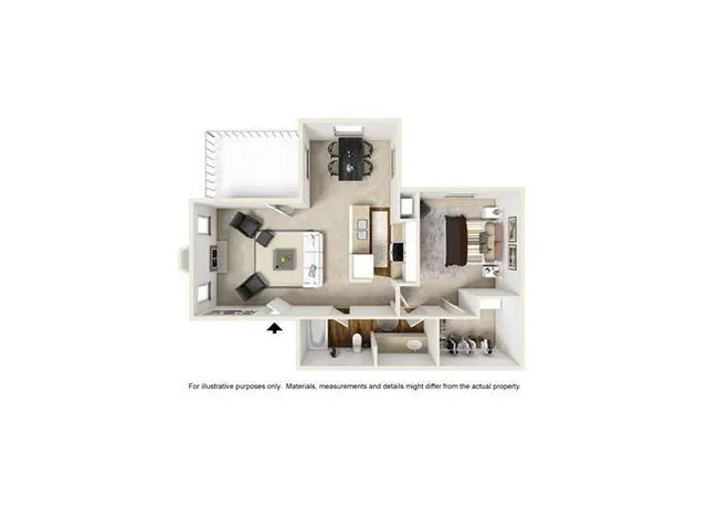 Modern 3D floor plan showcasing an elegant one-bedroom apartment with an open-concept living area, contemporary kitchen, cozy bedroom, and stylish dining space.
