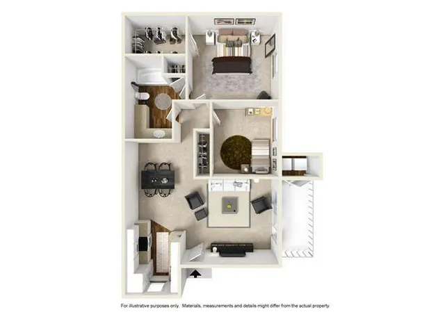 Modern 2D floor plan featuring a cozy 1-bedroom layout with an open-concept living and dining area, spacious kitchen, and dedicated office space.