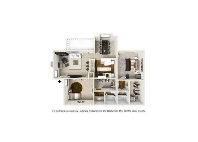 Inviting 3D floor plan displaying modern 2-bedroom layout, open living-dining area, and a sleek kitchen design perfect for stylish living.