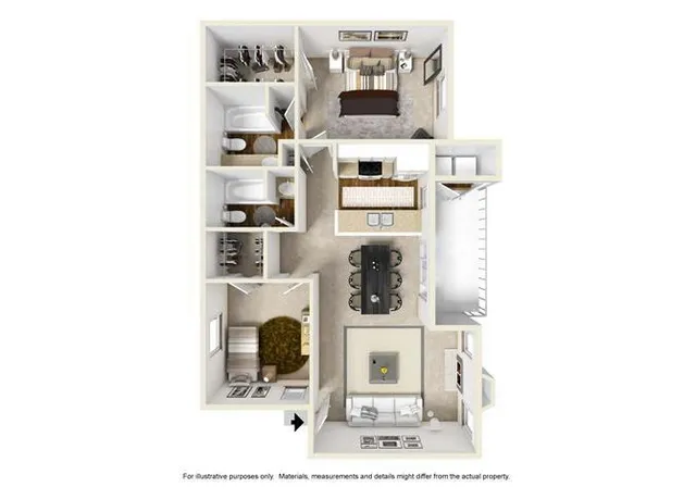Modern 3D floor plan showcasing 2 bedrooms, open living and dining area, and two bathrooms, perfect for a stylish lifestyle.