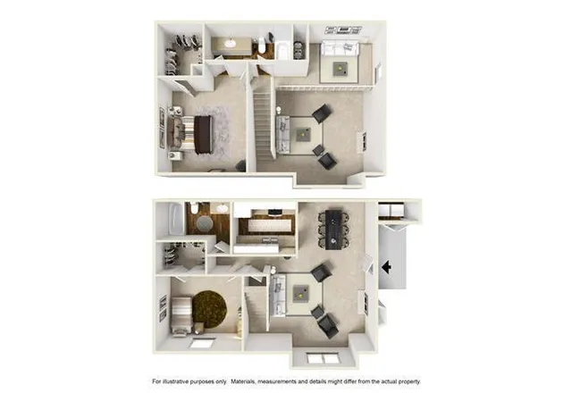 Inviting two-story floor plan featuring 2 bedrooms, an elegant living area, and a modern kitchen, perfect for comfortable living.