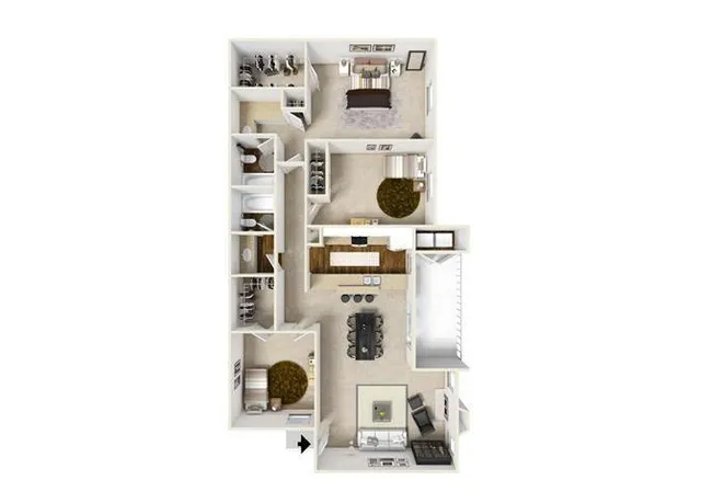 Elegant 3D floor plan featuring three spacious bedrooms, a modern open-concept kitchen, dining area, and cozy living room.