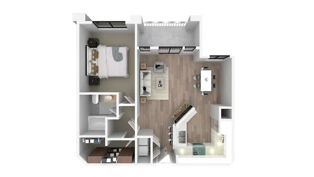 Modern 3D floor plan showcasing a cozy bedroom, stylish open-concept living and dining area, and sleek kitchen with contemporary design features.