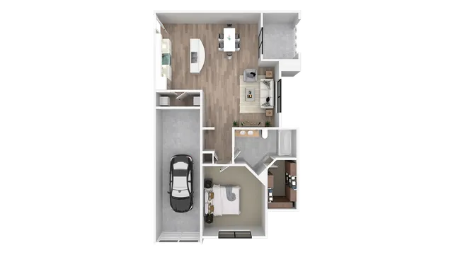 Modern apartment floor plan showcasing one bedroom, spacious living area, contemporary kitchen, and a garage. Ideal blend of comfort and style.