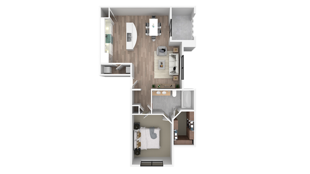 Modern 3D floor plan showcasing a cozy one-bedroom layout with an open-concept living and dining area, elegant kitchen, and sleek bathroom.