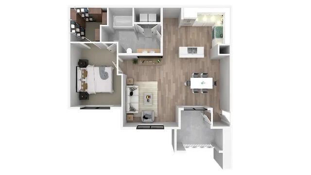 Modern 3D floor plan showcasing a cozy bedroom, elegant walk-in closet, contemporary bathroom, open-concept living space, and sleek kitchen with dining area.