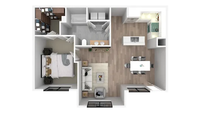 Modern 2D floor plan showcasing a cozy 1-bedroom apartment with spacious open-concept kitchen and living area, ample closet space, and elegant bathroom.