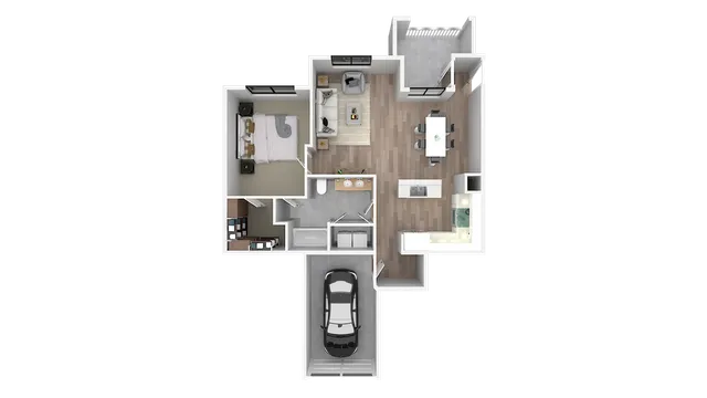 Contemporary 3D floor plan showcasing a spacious one-bedroom layout with an inviting open-concept living area, modern kitchen, elegant bathroom, and convenient attached garage.
