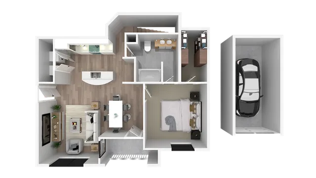 Modern apartment floor plan featuring a spacious bedroom, sleek kitchen with island, cozy living area, and convenient attached garage.