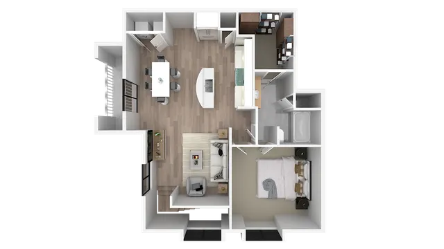 Modern 2D floor plan showcasing 1 bedroom, open living area, stylish kitchen, and elegant bathroom layout.