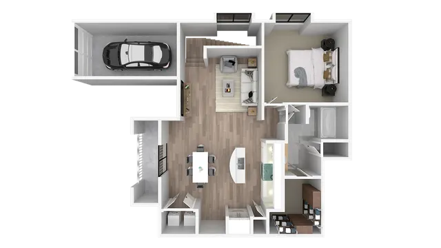 Modern floor plan showcasing 1 bedroom, open-concept living room and kitchen, and convenient garage space.