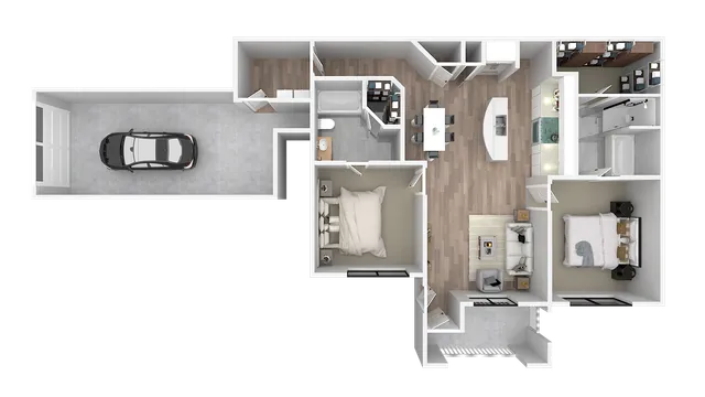 Modern 2D floor plan showcasing 2 bedrooms, cozy living room, sleek kitchen with island, and attached garage.