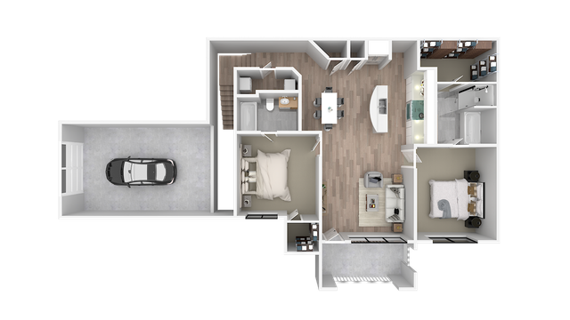 Contemporary floor plan showcasing 2 cozy bedrooms, open living and dining area, modern kitchen, spacious bathroom, and attached garage.