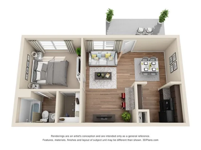 Modern 3D floor plan showcasing 1 bedroom, inviting living area, sleek kitchen, and private patio access.