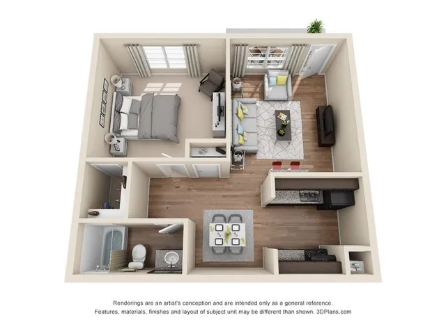 Chic 1-bedroom apartment floor plan with inviting living area, modern kitchen, and elegant bathroom.