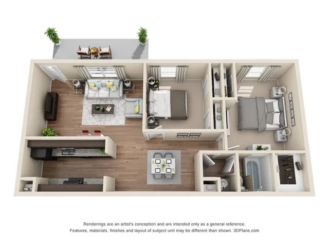 Modern 3D floor plan showcasing 2 elegant bedrooms, open living area, gourmet kitchen, and private balcony.