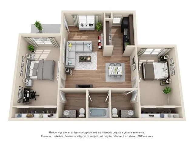 Charming 3D floor plan showcasing 2 bedrooms, modern open-concept living room, sleek kitchen, and two stylish bathrooms.