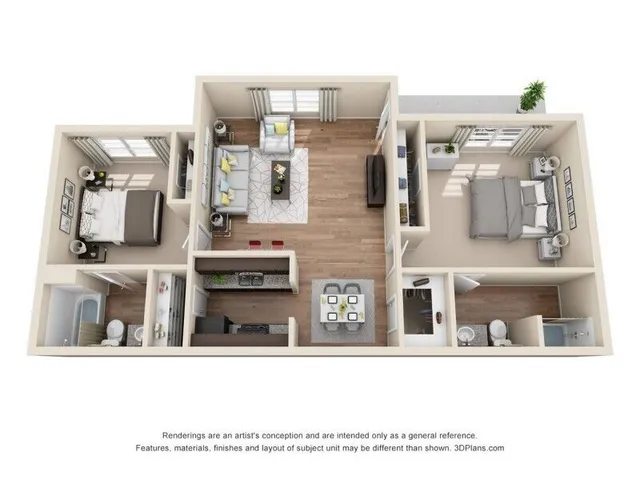 Modern 3D floor plan featuring two spacious bedrooms, elegant living area, and a sleek kitchen with dining space. Perfect for stylish and comfortable living.