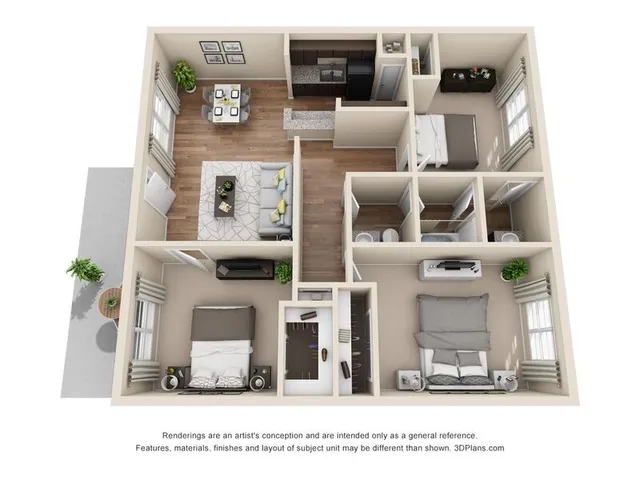Modern 3D floor plan showcasing 3 bedrooms, stylish living room, cozy dining area, and sleek kitchen layout.