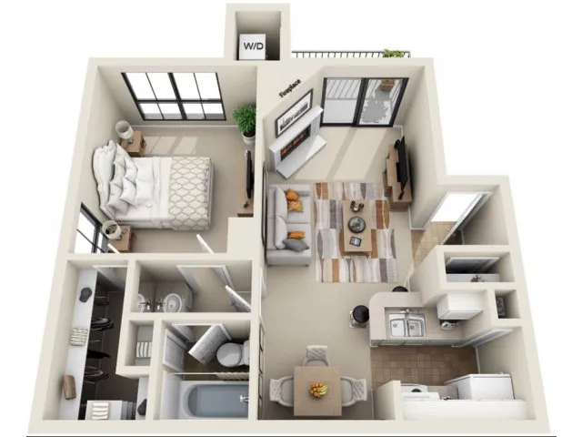 Modern 3D floor plan featuring a cozy bedroom, elegant living room with a fireplace, and compact kitchen, ideal for urban living.