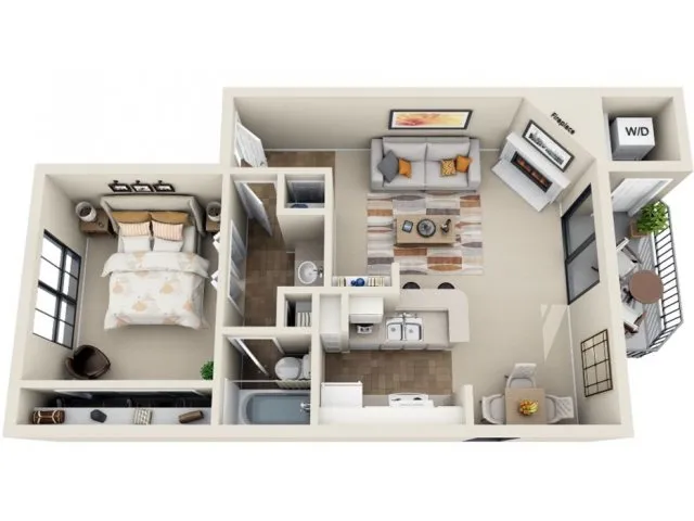 Modern 3D floor plan featuring a cozy one-bedroom layout with an open-concept living room, stylish kitchen, and private balcony. Includes in-unit washer/dryer for added convenience.