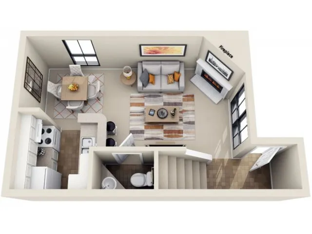 Elegant 3D apartment floor plan with cozy living room, modern kitchen, dining area, and stylish fireplace.