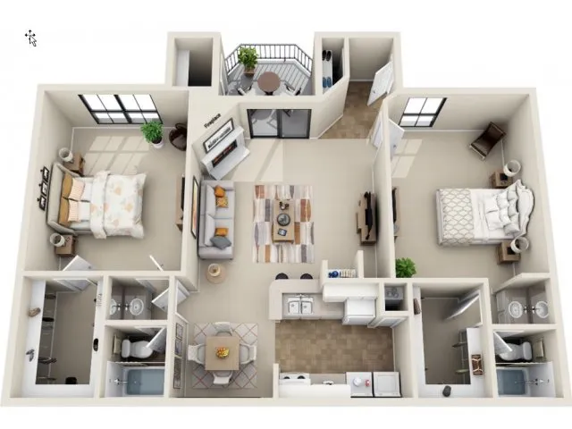 Modern 3D floor plan showcasing 2 bedrooms, spacious living room, elegant dining area, and two stylish bathrooms with a balcony.