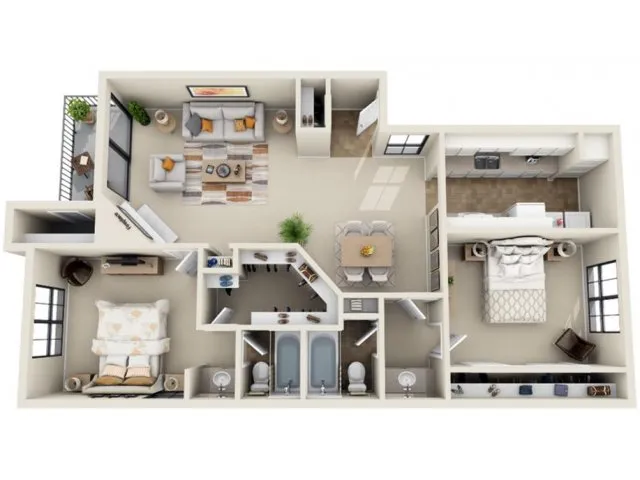 Spacious 3D floor plan featuring 2 bedrooms, stylish open living area, modern kitchen, and dual bathroom setup.