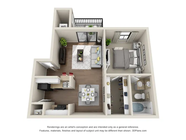 Modern 3D floor plan showcasing a chic one-bedroom apartment with an open-concept living space, stylish kitchen, and cozy balcony.