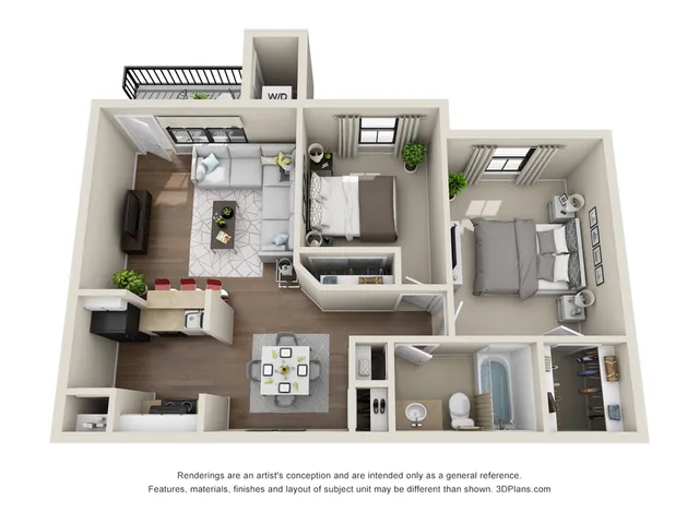 Modern 3D floor plan featuring 2 bedrooms, stylish living area, cozy open kitchen, and balcony view.