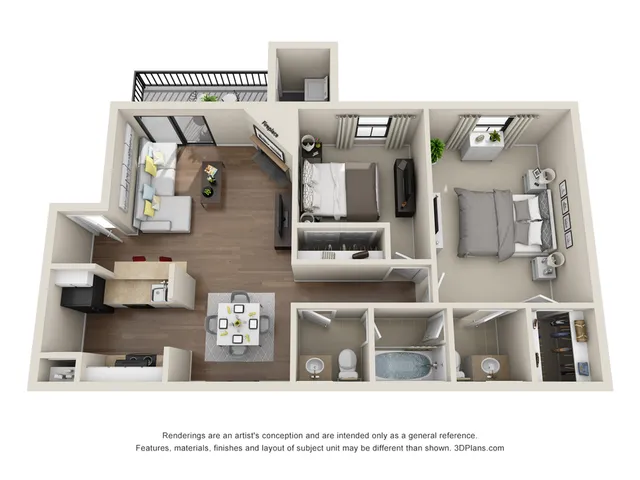 Contemporary 3D floor plan showcasing 2 bedrooms, elegant living area, open kitchen with dining, and stylish bathrooms.
