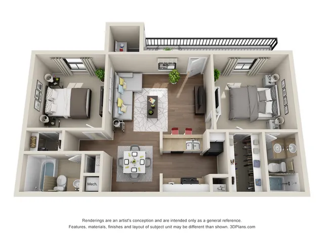 Elegant 3D floor plan showcasing a modern two-bedroom apartment with a stylish open-concept living area, sleek kitchen, and two contemporary bathrooms.