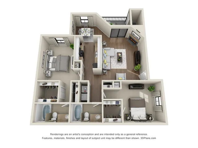 Chic 3D floor plan showcasing 2 spacious bedrooms, open-concept living area, modern kitchen, and dual bathrooms with stylish interior design.