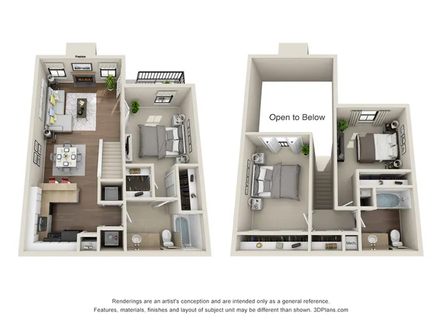 Elegant duplex floor plan showcasing a modern kitchen, inviting living area with a fireplace, two spacious bedrooms, and an open-to-below feature.