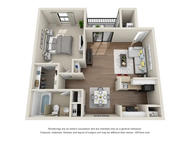 Modern 3D floor plan highlighting a spacious 1-bedroom apartment with an open living area, contemporary kitchen, and private balcony.