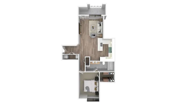 Modern 1-bedroom apartment floor plan with open living area, sleek kitchen, and well-appointed bathroom.