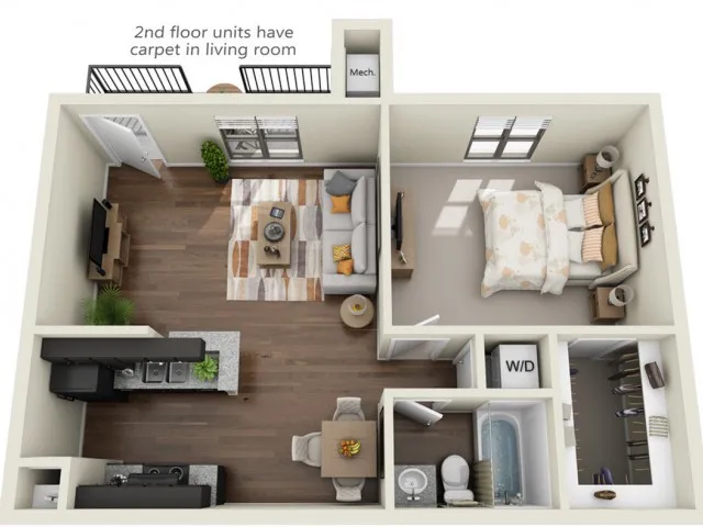 Inviting floor plan with a cozy living room, modern kitchen, spacious bedroom, and well-appointed bathroom, featuring carpet in the living area.