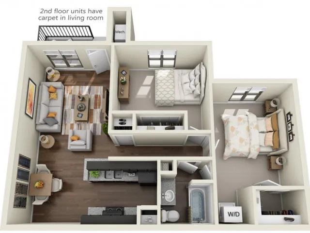 Modern 2D floor plan showcasing 2 bedrooms, inviting living room with carpet on the second floor, sleek kitchen, and a convenient bathroom layout.